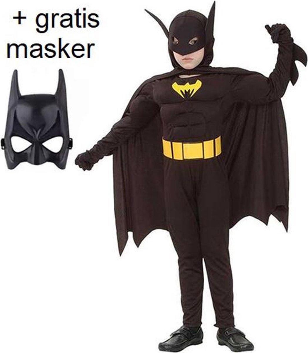 Luxe vleermuisman kostuum met spierballen en gratis masker Maat: 122/128 (M) 7-8 jaar Superhelden kostuum voor kinderen Verkleedpak Carnavalskleding