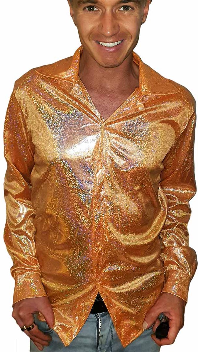 Party blouse - Overhemd - Carnaval kostuum - Carnavalskleding - Glitter - Heren - oranje - Maat L