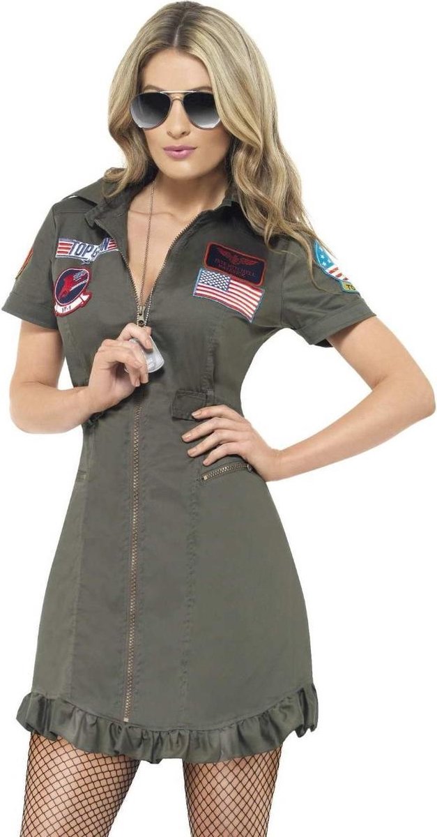 Smiffy's - Piloot & Luchtvaart Kostuum - Top Gun Jurk Vrouw - Groen - Large - Carnavalskleding - Verkleedkleding