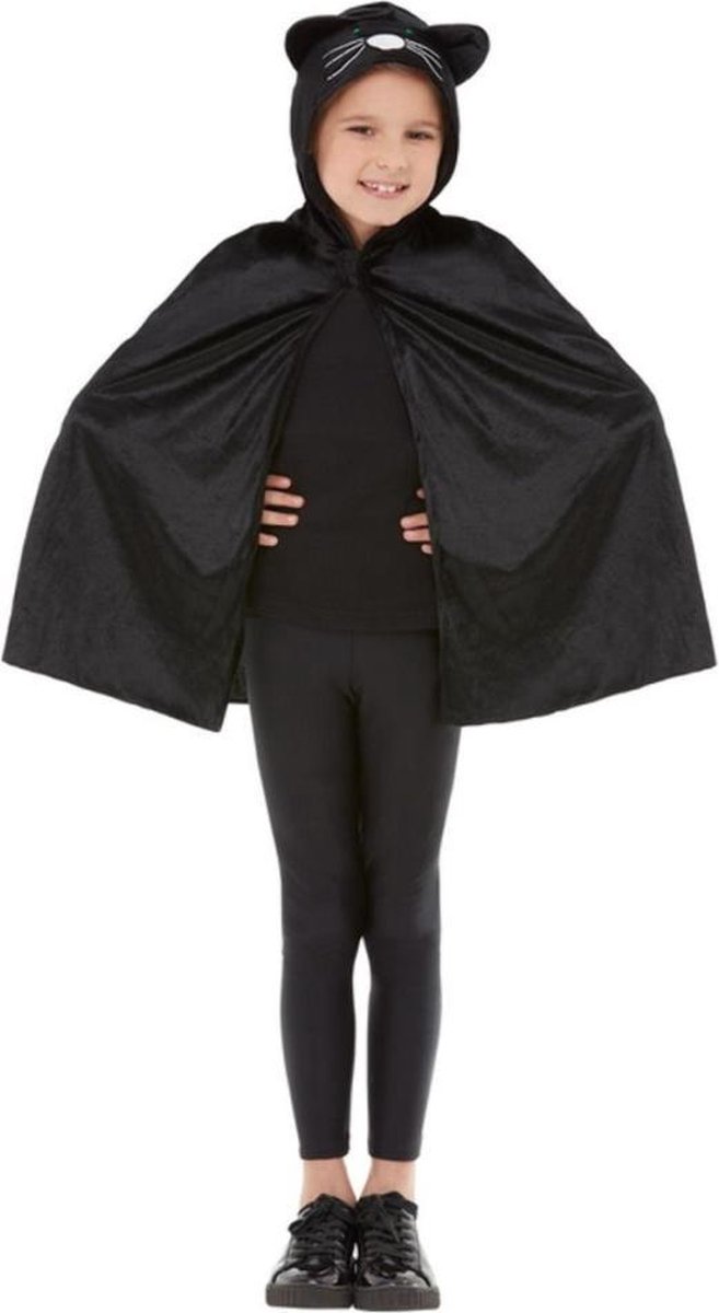 Smiffy's - Poes & Kat Kostuum - Zwarte Kat Cape En Kap Kind - Zwart - One Size - Halloween - Verkleedkleding