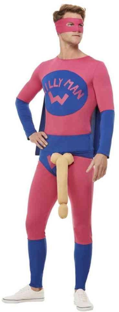 Smiffy's - Superheld Willyman Kostuum - Blauw, Roze - XL - Carnavalskleding - Verkleedkleding