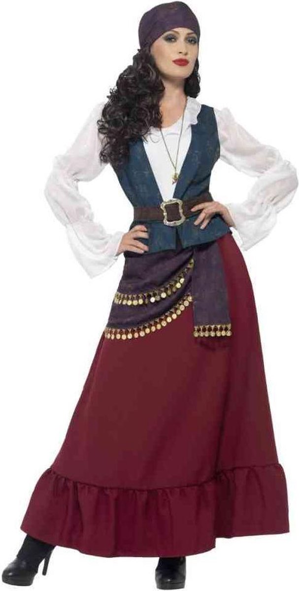 Smiffy's - Zigeuner & Zigeunerin Kostuum - Luxe Piraat Lang Mevrouw Angletta Kostuum - Rood - Large - Carnavalskleding - Verkleedkleding
