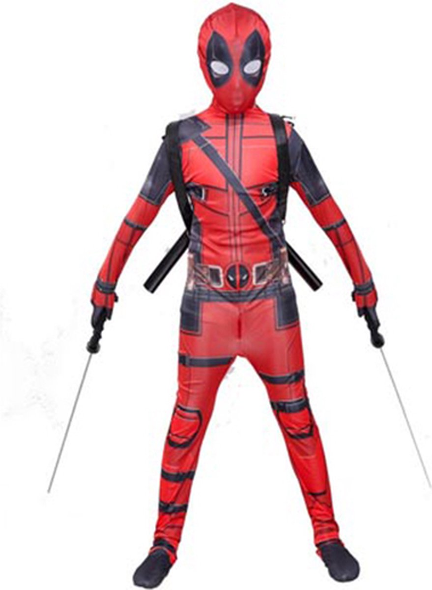 Super hero Marvel Deadpool verkleedkostuum + masker voor kinderen - maat XL 130-140 cm - Carnaval, Halloween en verjaardag pak kids suit