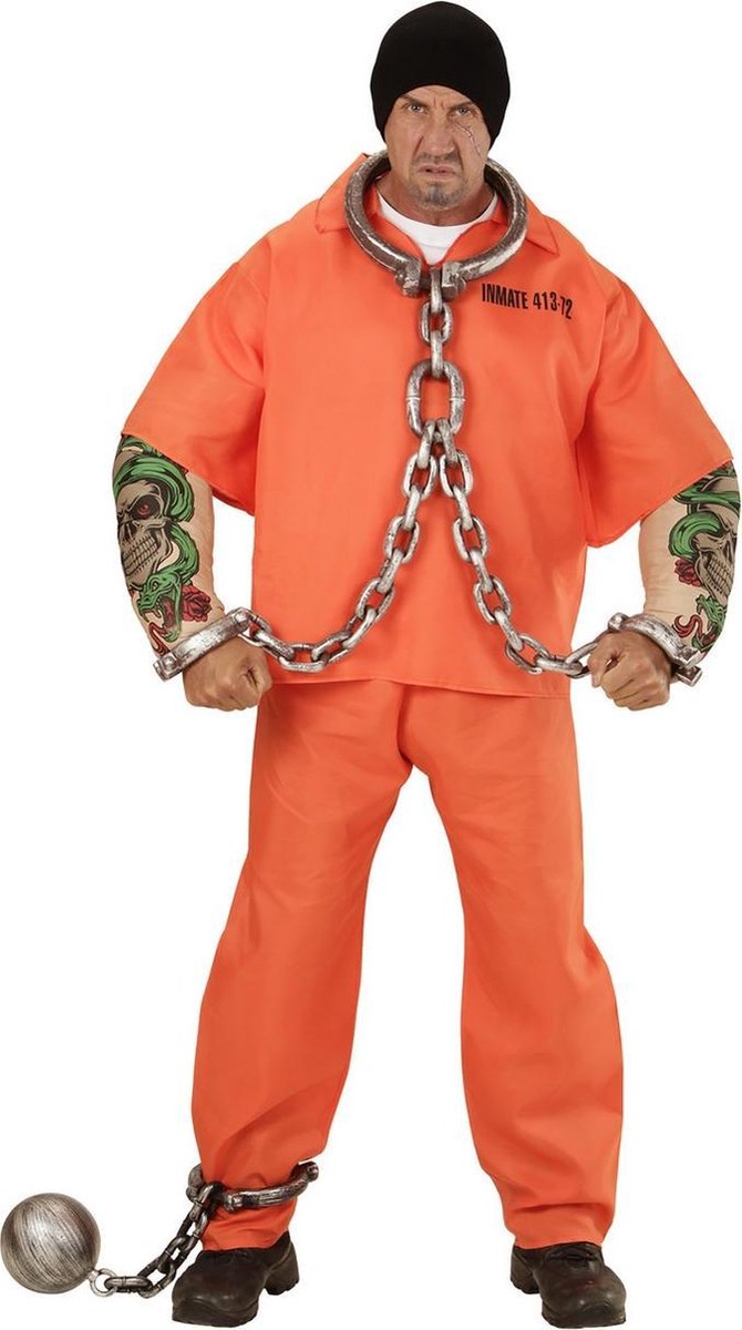 Widmann - Boef Kostuum - Amerikaanse Gevangene Met Tattoo - Man - Oranje - Medium - Carnavalskleding - Verkleedkleding