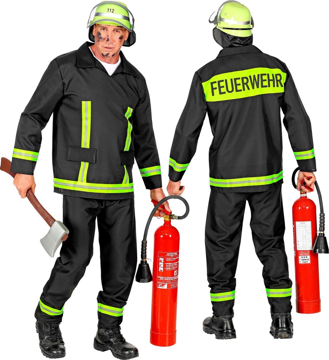 Widmann - Brandweer Kostuum - Brandweerman Feuerwehr Huizenhoge Vlammen Kostuum - Geel, Zwart - XL - Carnavalskleding - Verkleedkleding