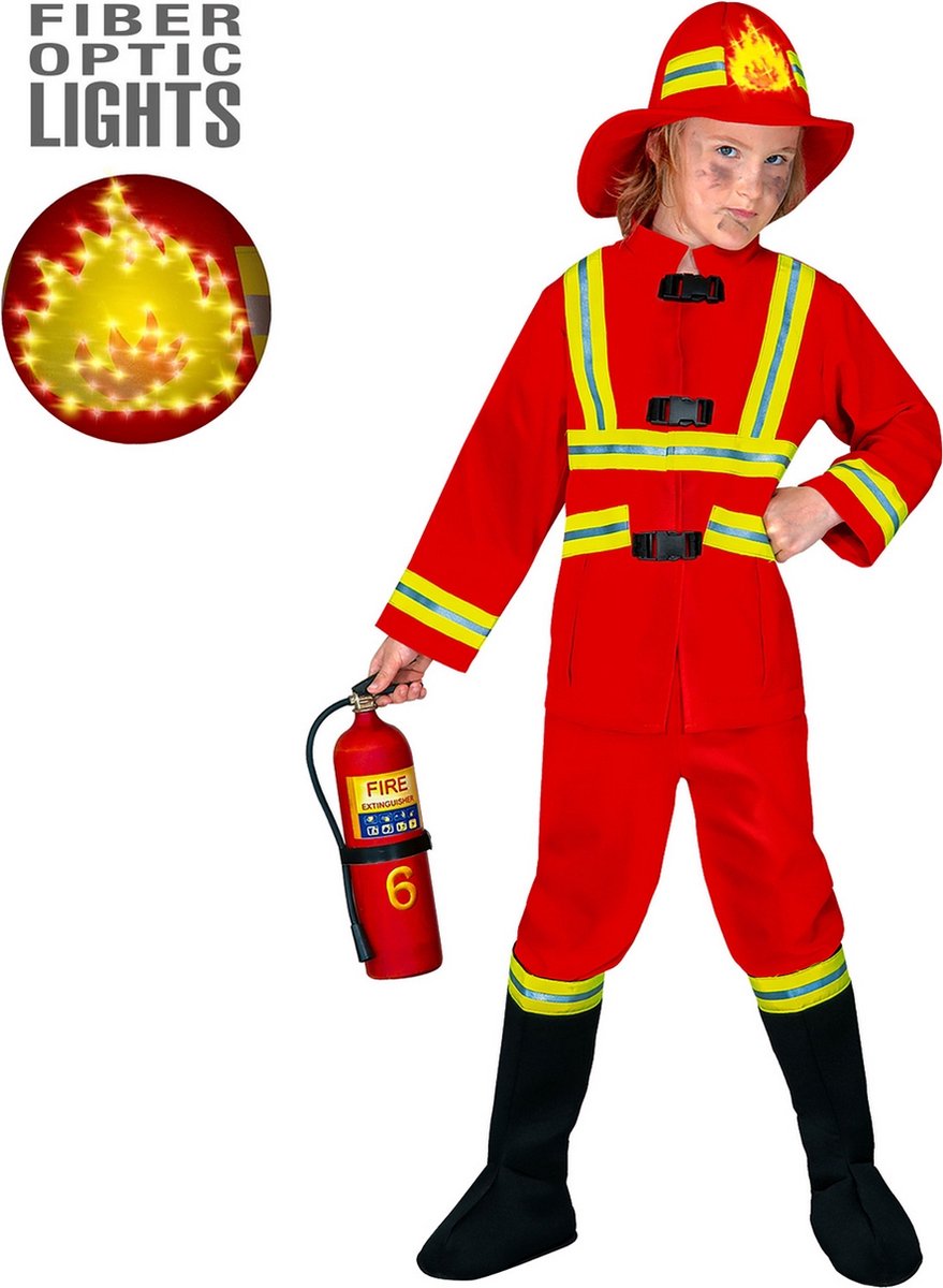 Widmann - Brandweer Kostuum - Stoere Brandweerman, Fiberoptisch Kostuum Jongen - Rood - Maat 140 - Carnavalskleding - Verkleedkleding