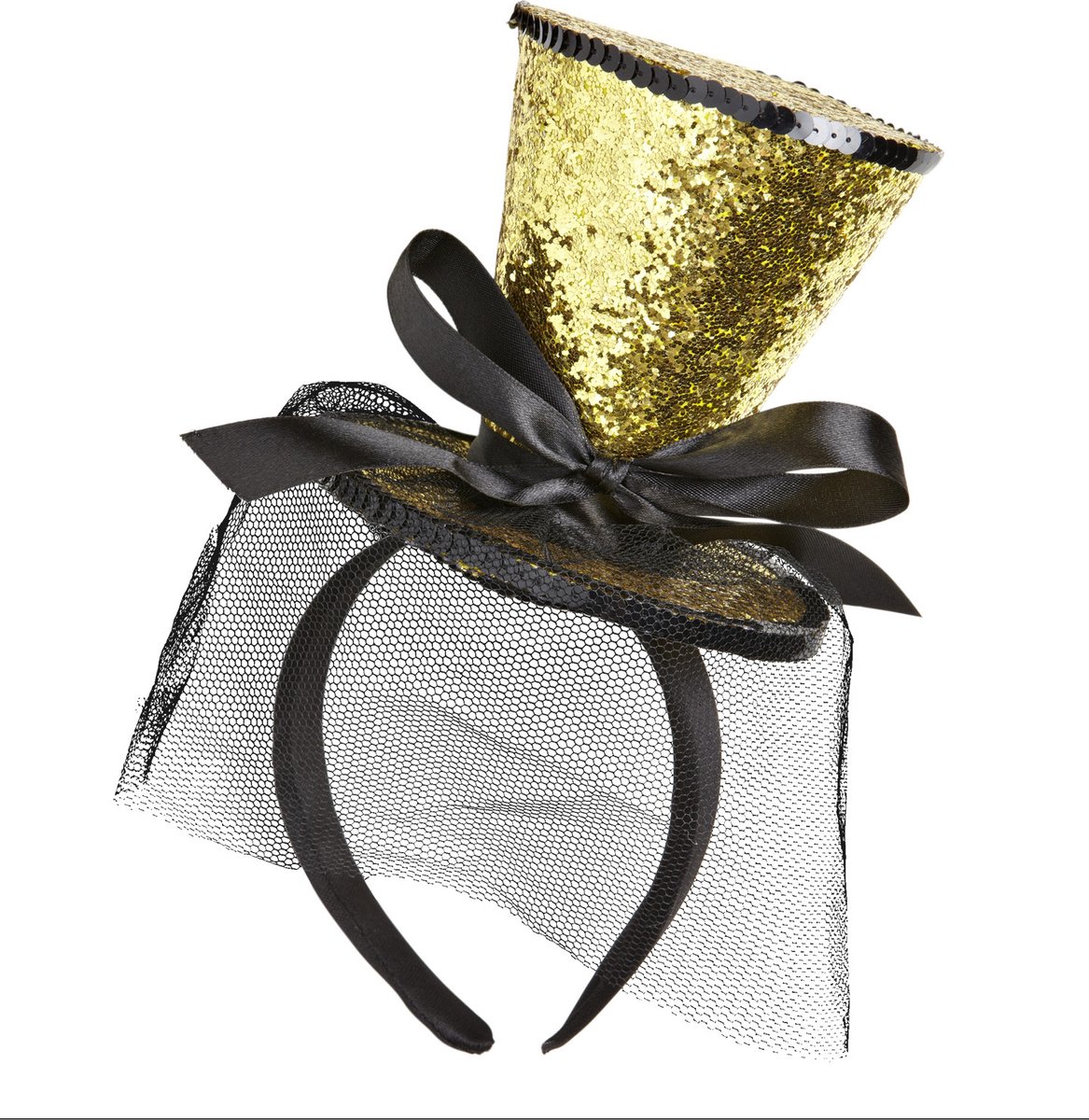 Widmann - Glitter & Glamour Kostuum - Gouden Glitter Mini Hoge Hoed Met Sluier - Goud - Carnavalskleding - Verkleedkleding