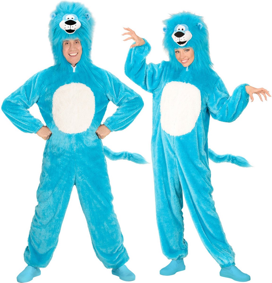 Widmann - Leeuw & Tijger & Luipaard & Panter Kostuum - Dieren Onesie Pluche Blauwe Leeuw Kostuum - Blauw - Medium / Large - Carnavalskleding - Verkleedkleding