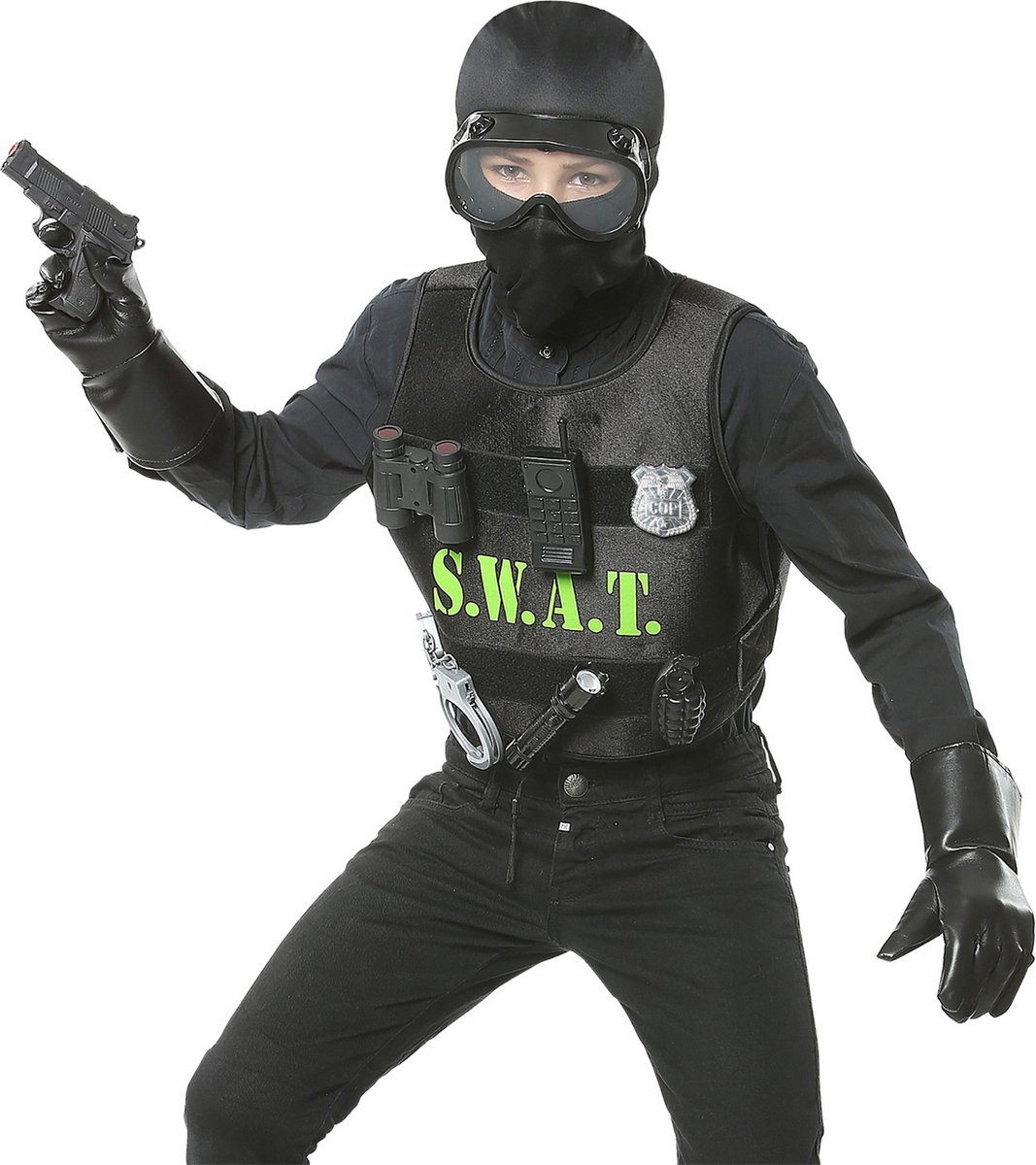 Widmann - Politie & Detective Kostuum - Swat Set Theo - Zwart - One Size - Carnavalskleding - Verkleedkleding