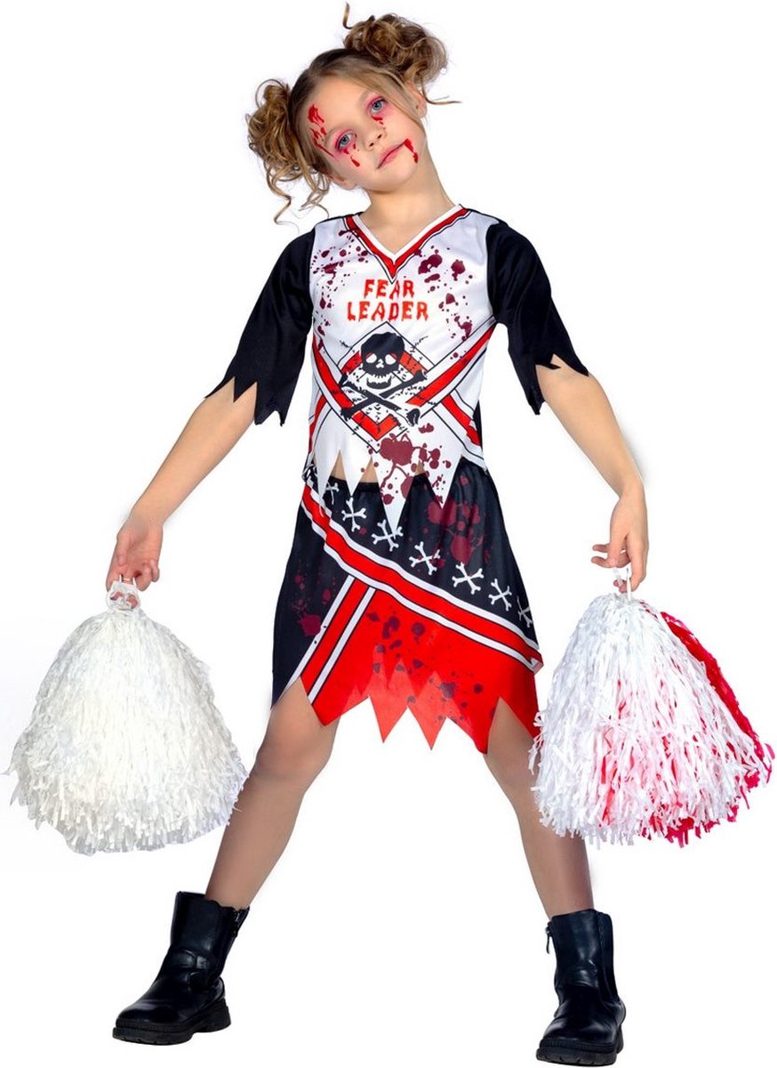 Wilbers & Wilbers - Cheerleader Kostuum - Highschool Fear Leader - Meisje - Rood, Zwart, Wit / Beige - Maat 140 - Halloween - Verkleedkleding