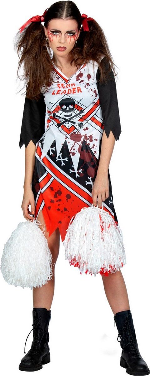 Wilbers & Wilbers - Cheerleader Kostuum - Zombie Scare Leader - Vrouw - Zwart, Wit / Beige - Small - Halloween - Verkleedkleding