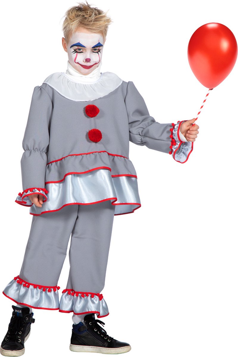 Wilbers & Wilbers - Monster & Griezel Kostuum - Clown Halloween Kostuum - Grijs - Maat 128 - Halloween - Verkleedkleding