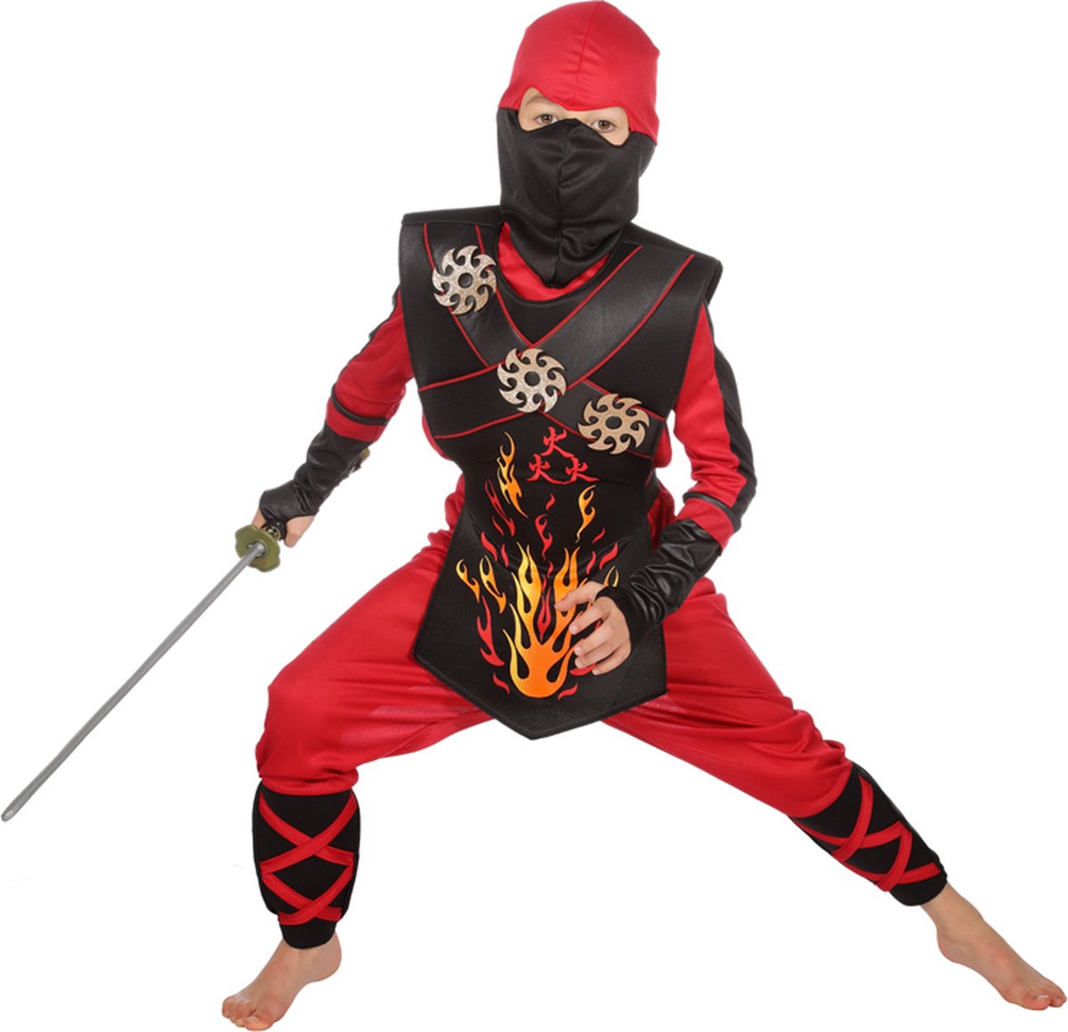 Wilbers & Wilbers - Ninja & Samurai Kostuum - Vurige Rode Ninja Strijder Met Werpsterren Kind Kostuum - Rood - Maat 104 - Carnavalskleding - Verkleedkleding