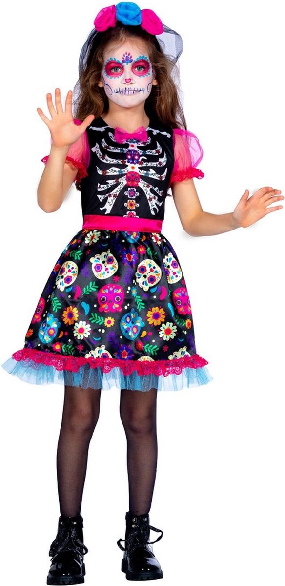 Wilbers & Wilbers - Spaans & Mexicaans Kostuum - Kleurrijke Coco Skelet - Meisje - Roze, Zwart - Maat 140 - Halloween - Verkleedkleding