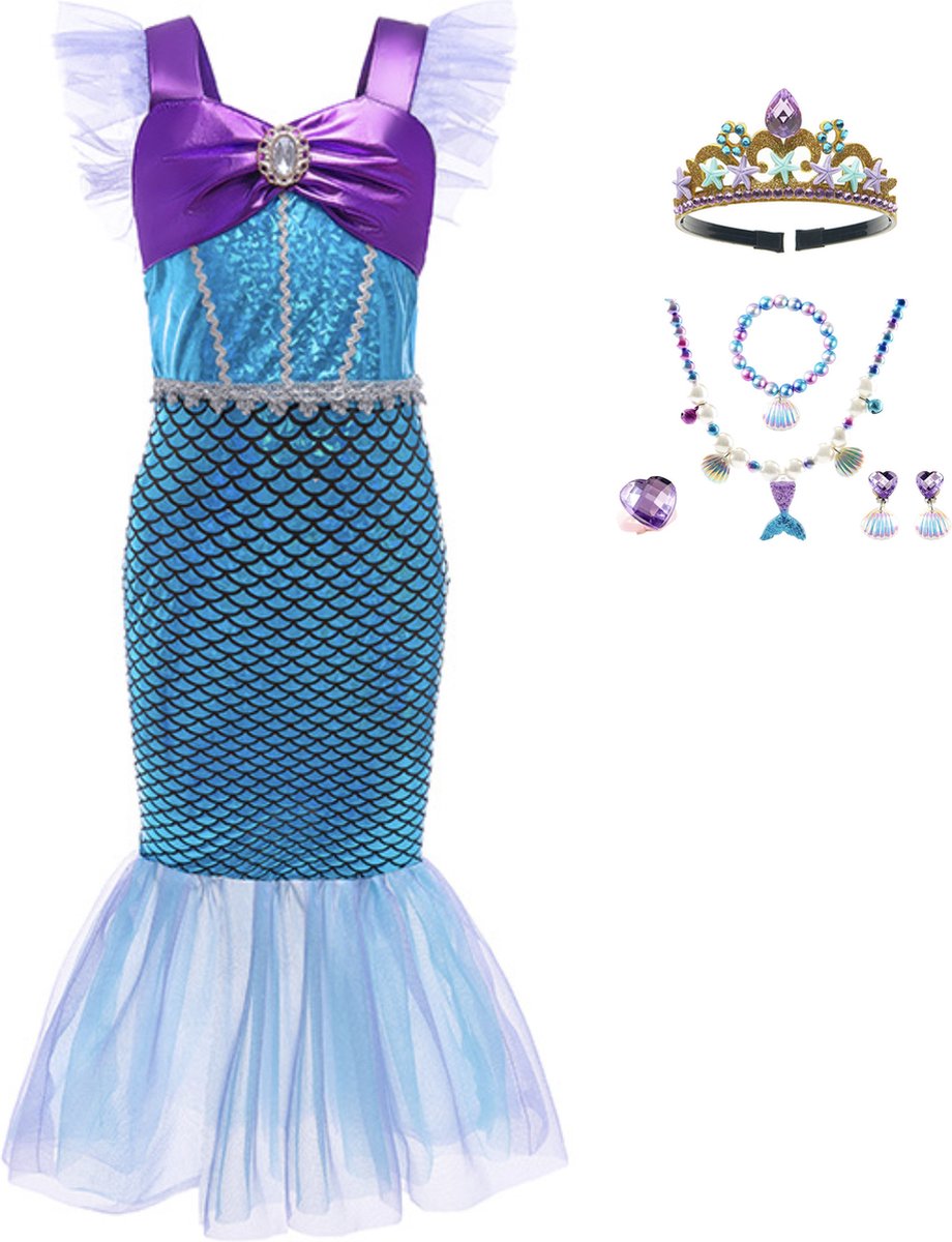 Joya Beauty® Zeemeermin Verkleedjurk Donker Paars | Ariel | Mermaid Verkleedkleding | Maat 104/110 | Jurk + Mermaid Accessoires set | Cadeau meisje