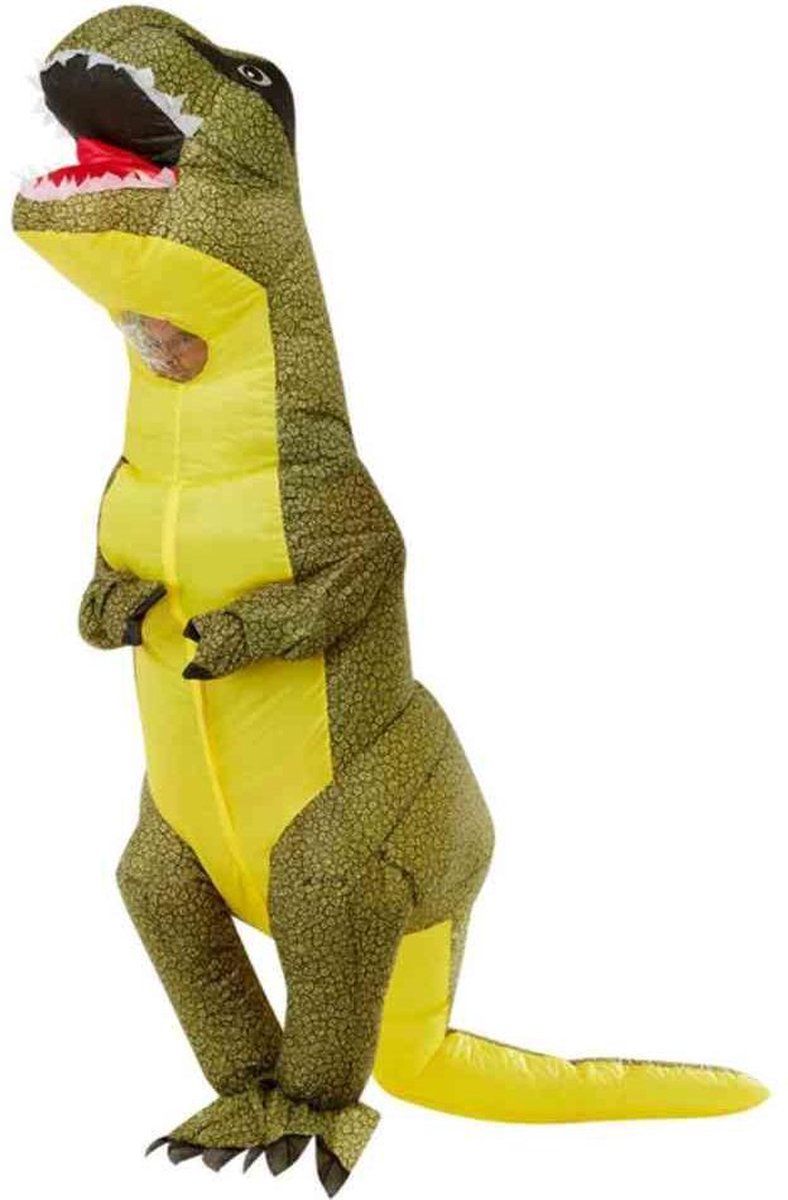 Smiffy's - Dinosaurus Kostuum - Opblaasbaar T-Rex Kostuum Man - Geel, Groen - One Size - Carnavalskleding - Verkleedkleding