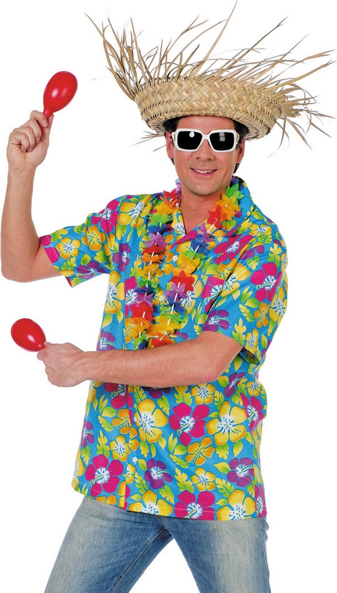 Wilbers & Wilbers - Hawaii & Carribean & Tropisch Kostuum - Tropische Nachten Hawaiishirt Man - Blauw - XXL - Carnavalskleding - Verkleedkleding