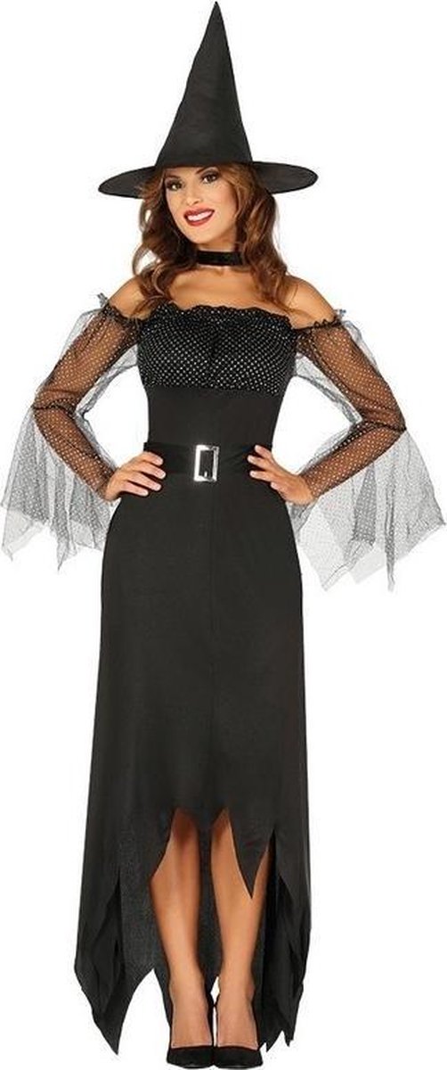 Halloween - Zwarte lange heksen verkleed kostuum jurk voor dames - verkleedkleding halloween XL/XXL