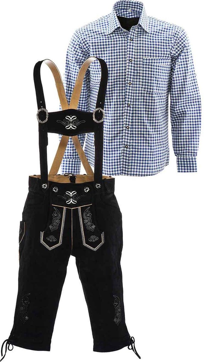 Lederhosen set | Top Kwaliteit | Lederhosen set B (zwarte broek + blauw overhemd), L, 60
