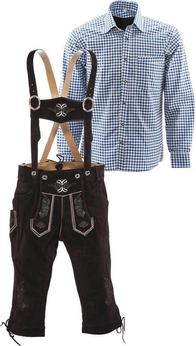 Lederhosen set | Top Kwaliteit | Lederhosen set C (bruine broek + blauw overhemd), M, 50