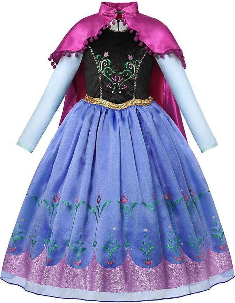 Prinses - Prinses Anna jurk met cape - Frozen - Prinsessenjurk - Verkleedkleding - Blauw - Maat 110/116 (4/5 jaar)