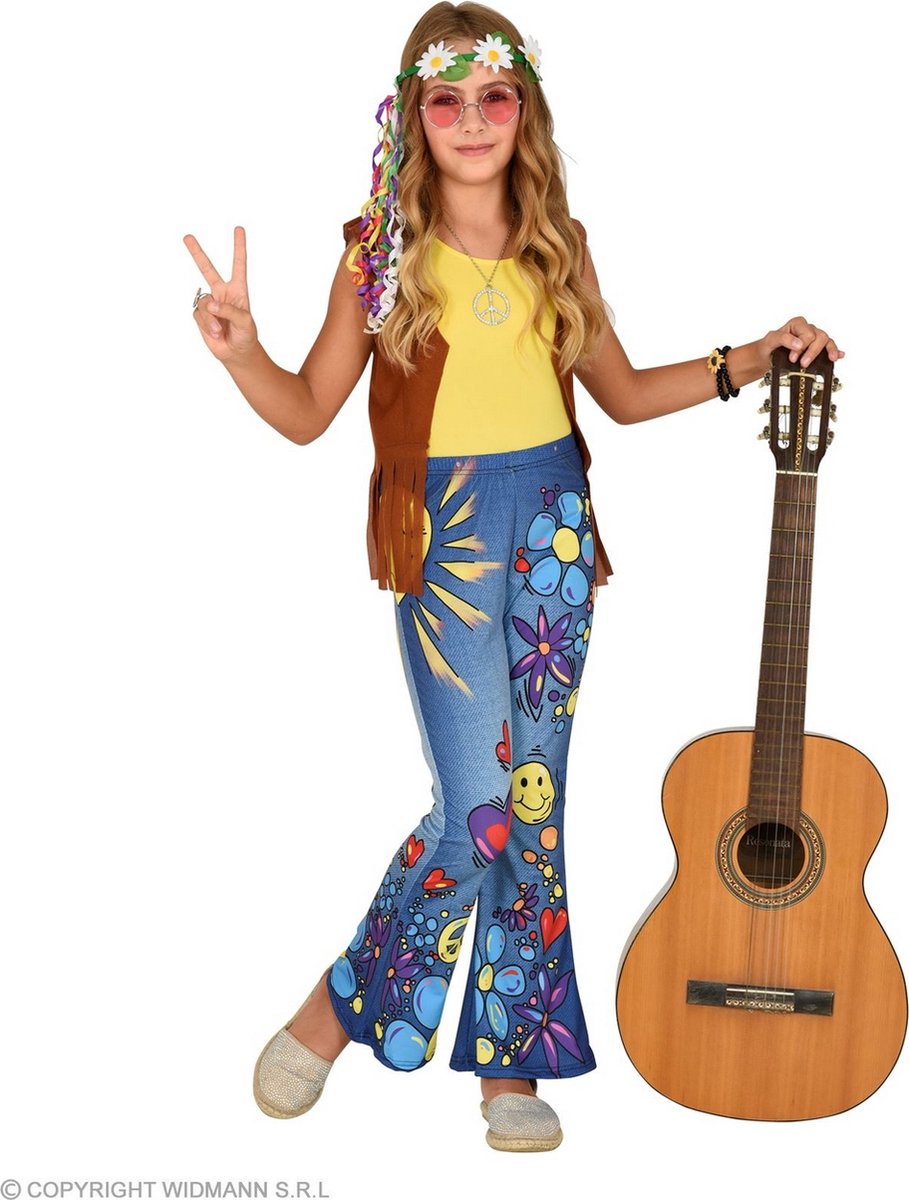 Widmann - Hippie Kostuum - 70s Legging Hippie Peace To The World Meisje - Blauw - Maat 140 - Carnavalskleding - Verkleedkleding