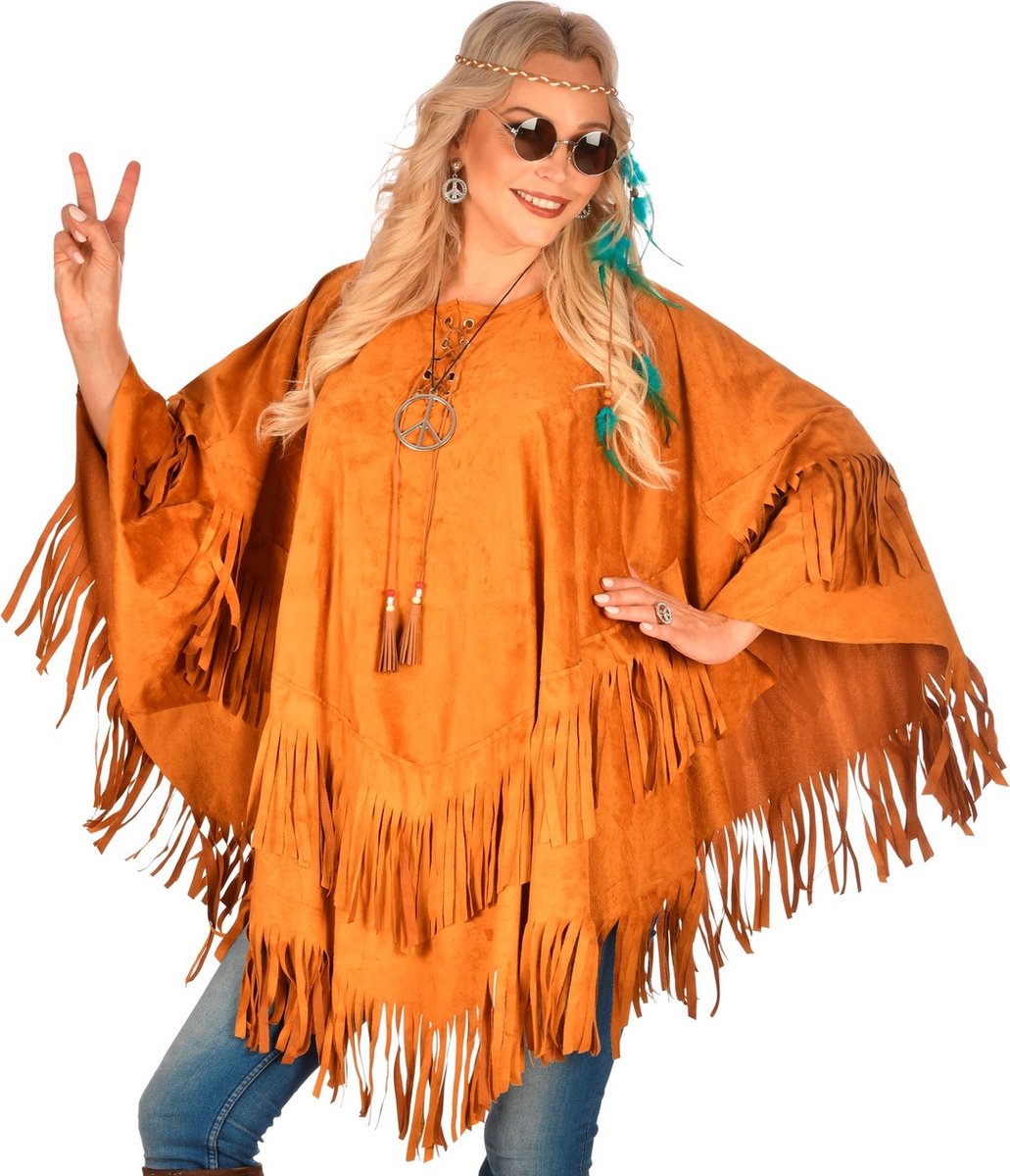 Widmann - Wilde Westen Kostuum - Poncho Met Franjes Prairie Hippie Kostuum - Bruin - One Size - Carnavalskleding - Verkleedkleding
