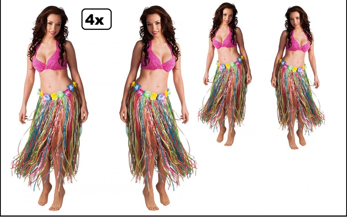 4x Luxe Hawai rok multikleur met bloemenrand 80cm - Hawaii | Tropical | Beach | hawairok | festival