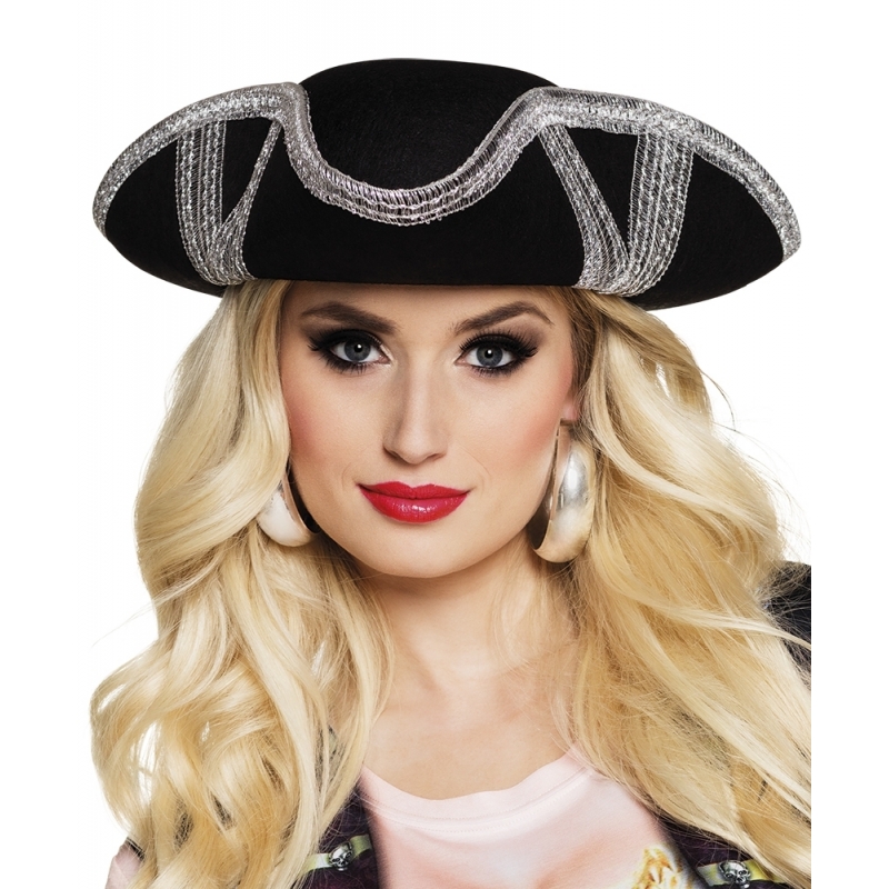 Boland Carnaval verkleed hoed voor een Piraat - zwart/zilver - polyester - heren/dames