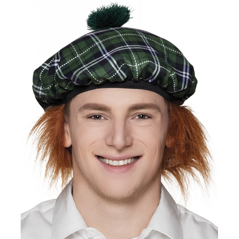 Boland Carnaval verkleed hoed/baret in Schotse ruit - groen - polyester - heren - met haar -