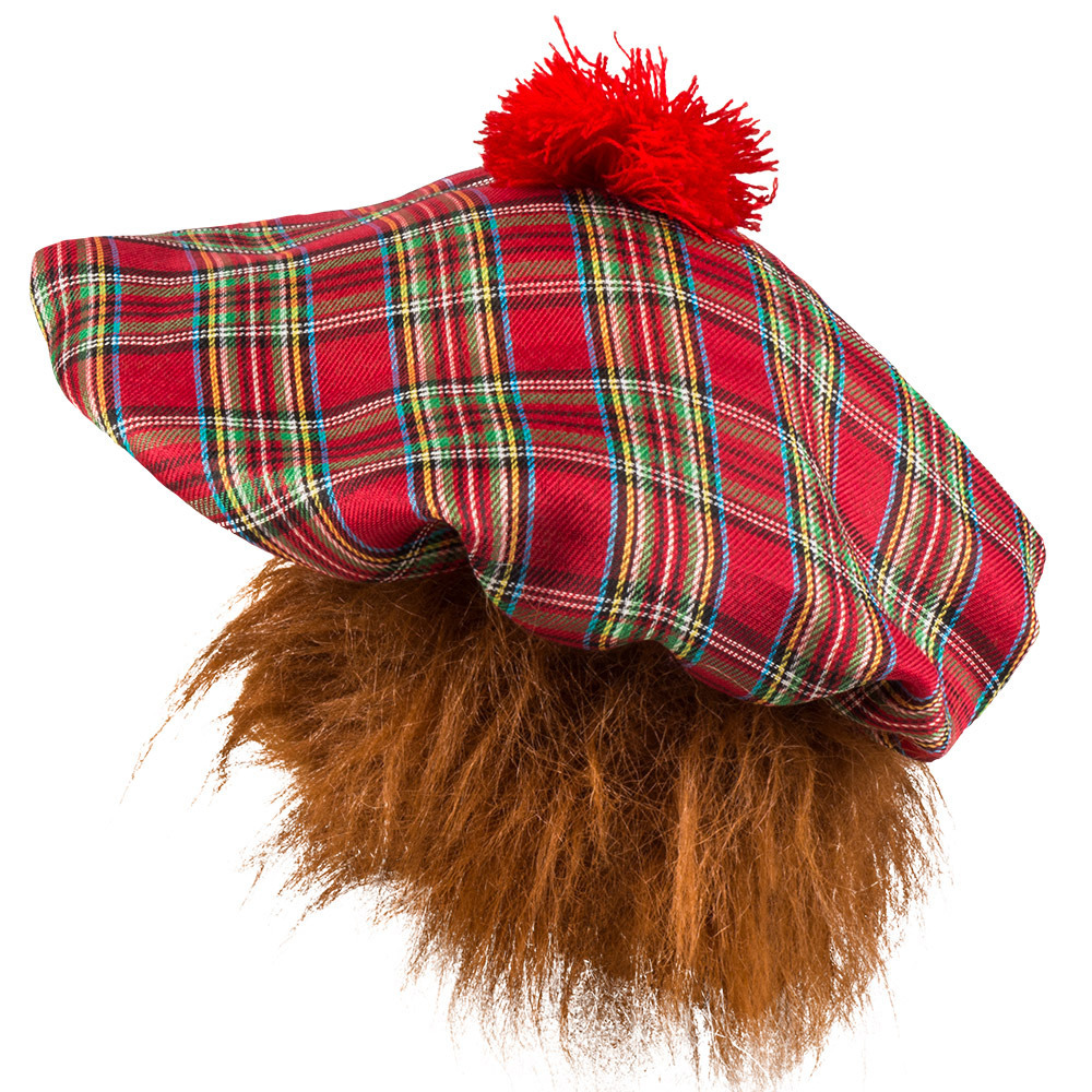 Boland Carnaval verkleed hoed/baret in Schotse ruit - rood - polyester - heren - met rood/bruin haar -
