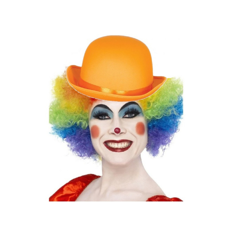 Clown verkleed set gekleurde pruik met bolhoed oranje -