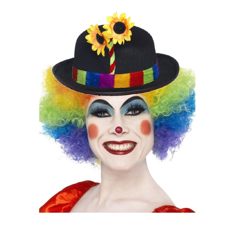 Clown verkleed set gekleurde pruik met bolhoedje -