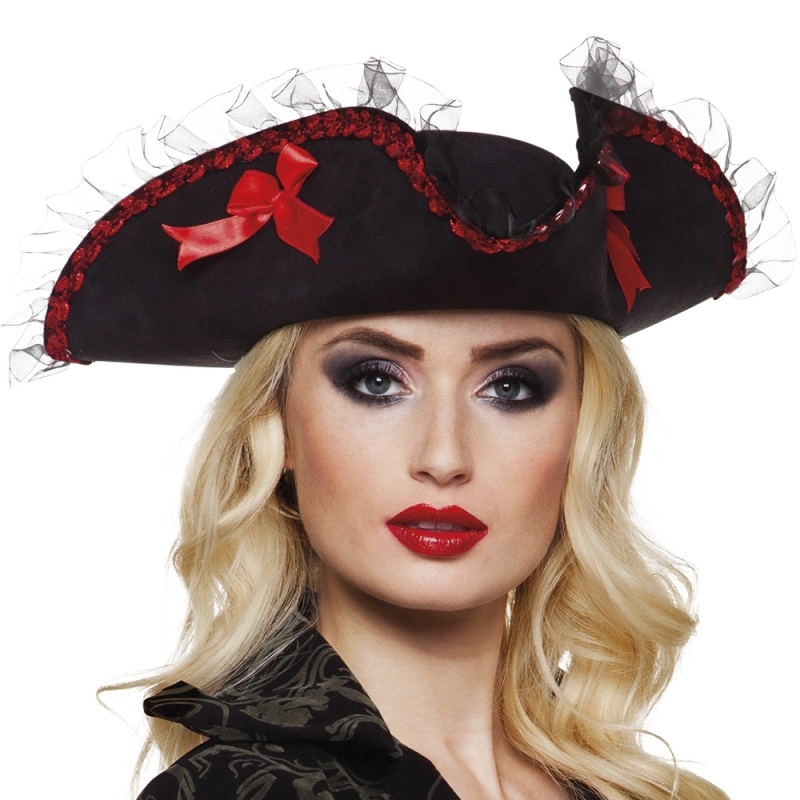 Driesteek piraten hoed zwart met rood -