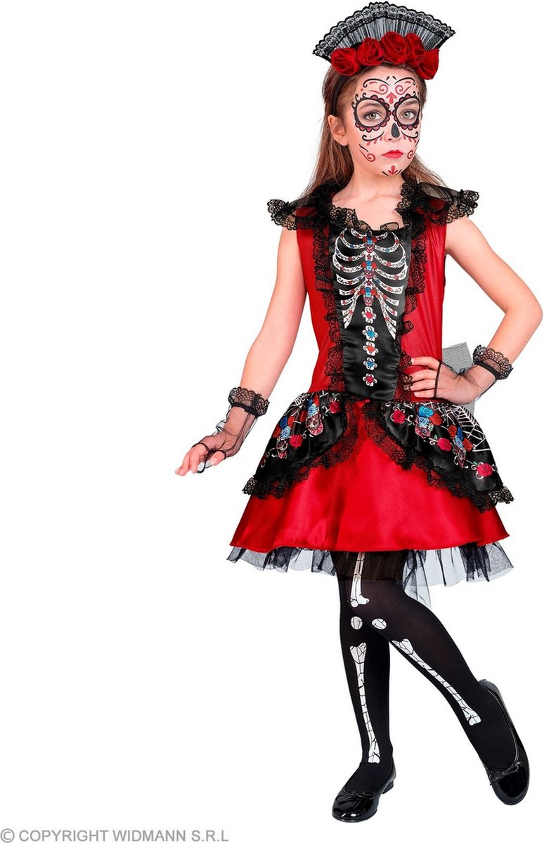 Widmann - Spaans & Mexicaans Kostuum - Feestelijke Rode Day Of The Dead Jurk Meisje - Rood, Zwart - Maat 140 - Halloween - Verkleedkleding