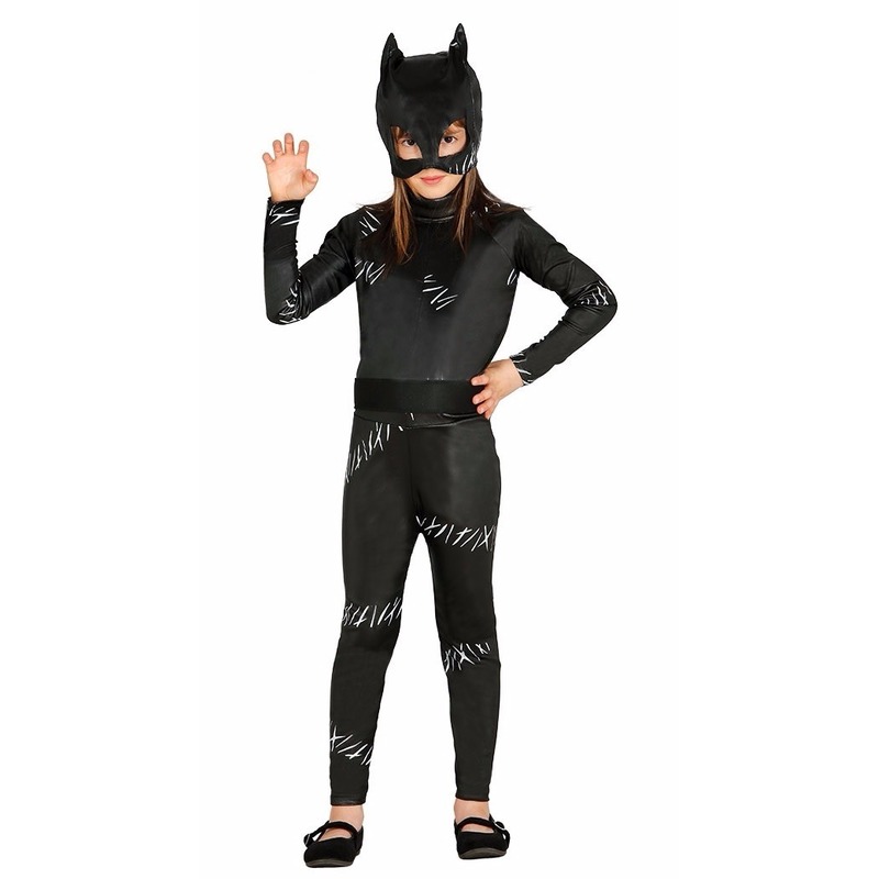 Zwarte kat/poes Halloween catsuit voor meiden 10-12 jaar (140-152) -
