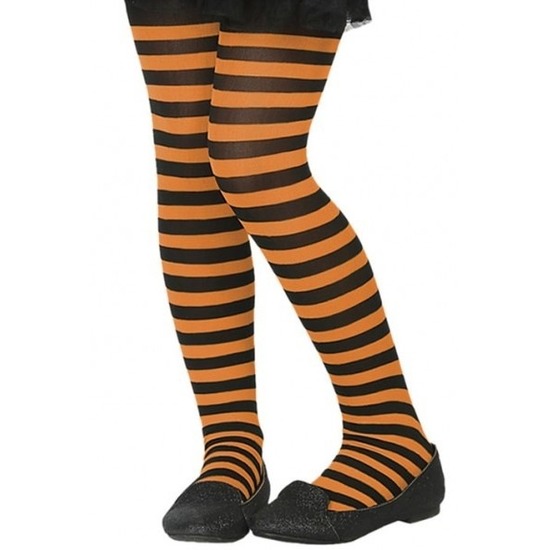 Zwart/oranje 40 denier verkleed panty voor kinderen -