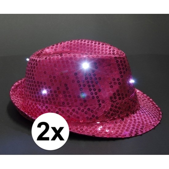2x Toppers glitter hoedjes roze met LED verlichting