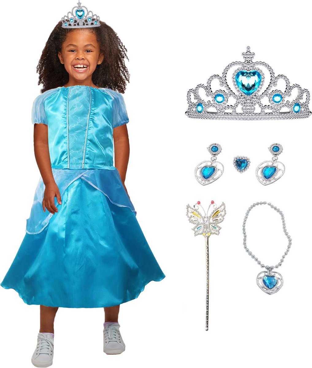Allerion Prinsessenjurk Meisje Blauw - Verkleedkleren Elsa Frozen - Blauw Prinsessen Jurk - Inclusief Accessoires - Maat 100-140cm / 3 tot 8 jaar