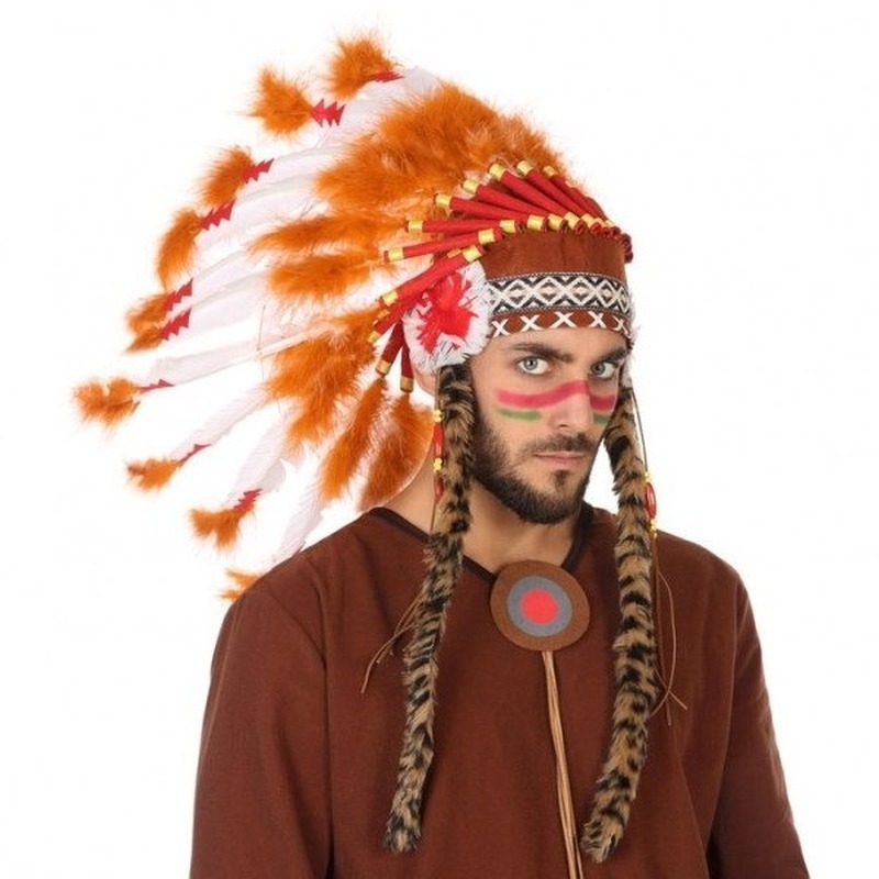 Atosa Luxe indianen veren tooi voor heren - oranje/rood - met ornamenten