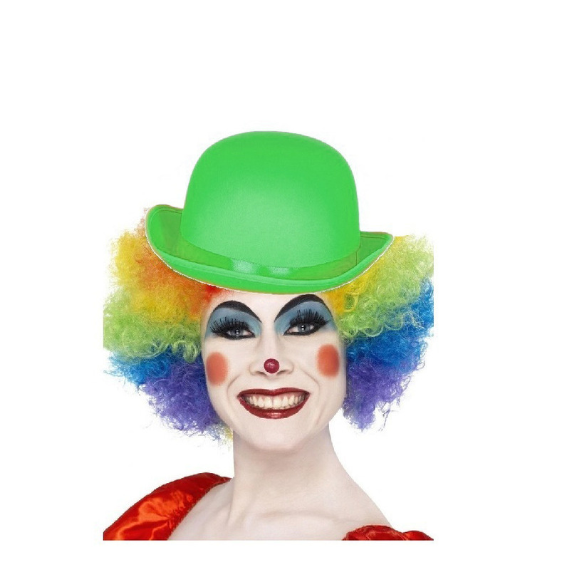 Clown verkleed set gekleurde pruik met bolhoed groen -