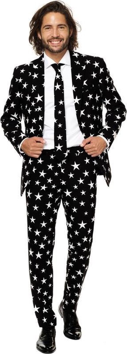 Heren kostuum zwart met sterrenprint - Opposuits pak - Verkleedkleding/Carnavalskleding 52