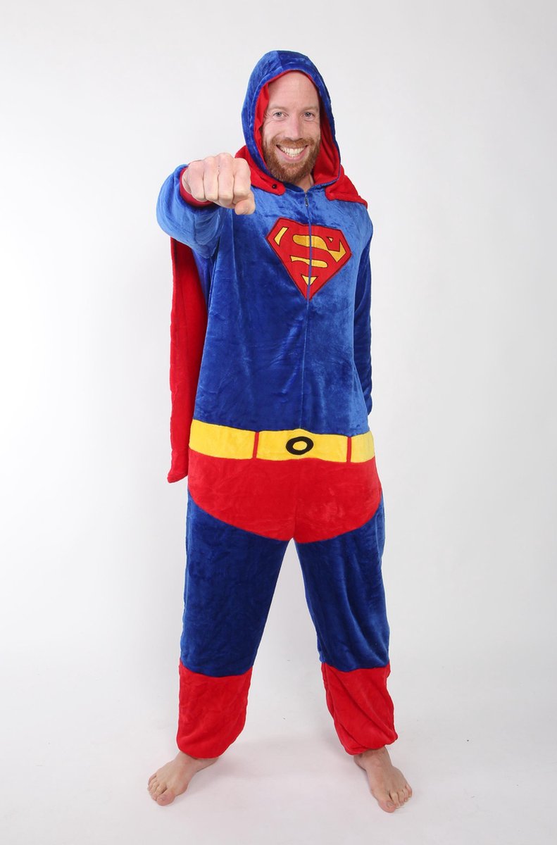 KIMU Onesie Superheld Pak Kostuum met Cape - Maat M-L - Jumpsuit Huispak Fleece Volwassenen Dames Heren Superman Superwoman Carnaval Carnavalspak