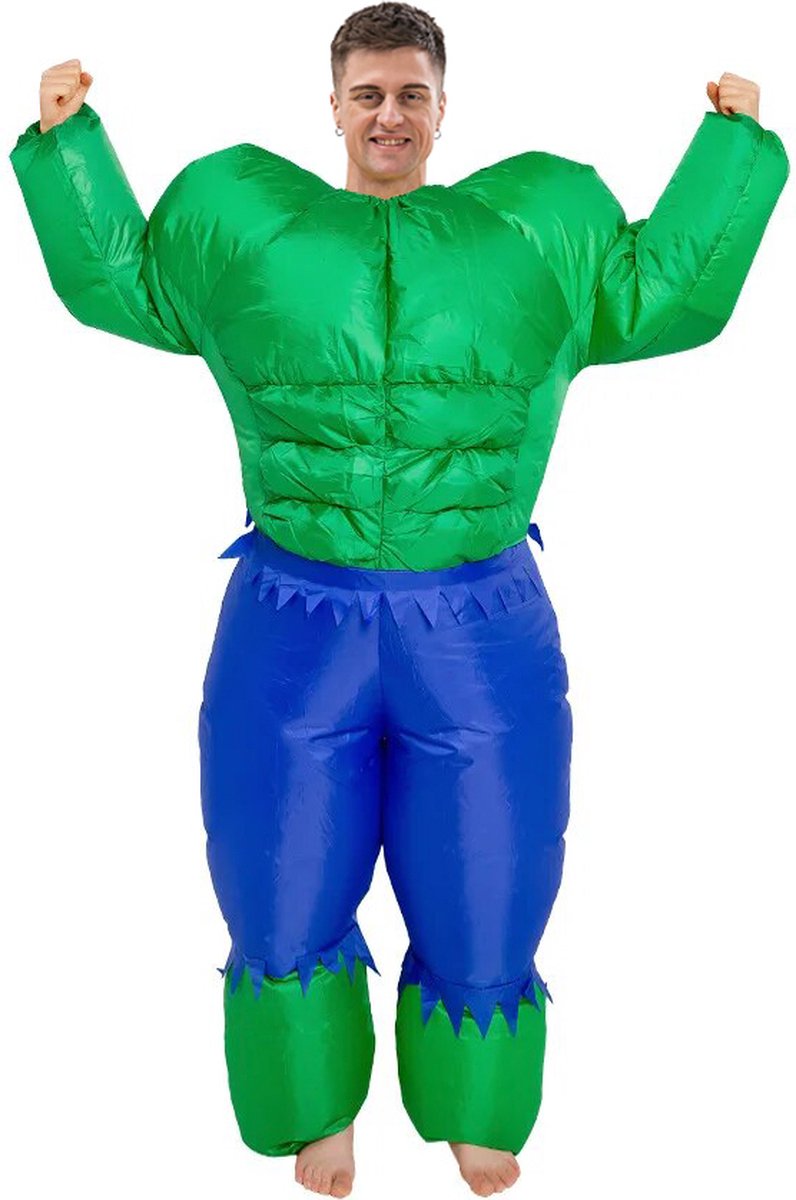 KIMU® Opblaas Kostuum Hulk Groen - Opblaasbaar Pak Mascotte Opblaaspak - Opblaasbare Superheld Comic Held Gespierd Volwassenen Dames Heren Carnaval Carnavalspak