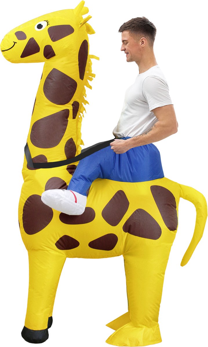 KIMU® Opblaas Kostuum Zittend Op Giraf - Opblaasbaar pak - Giraffenpak Mascotte Opblaaspak - Opblaasbare Giraffe Volwassenen Dames Heren Carnaval Carnavalspak