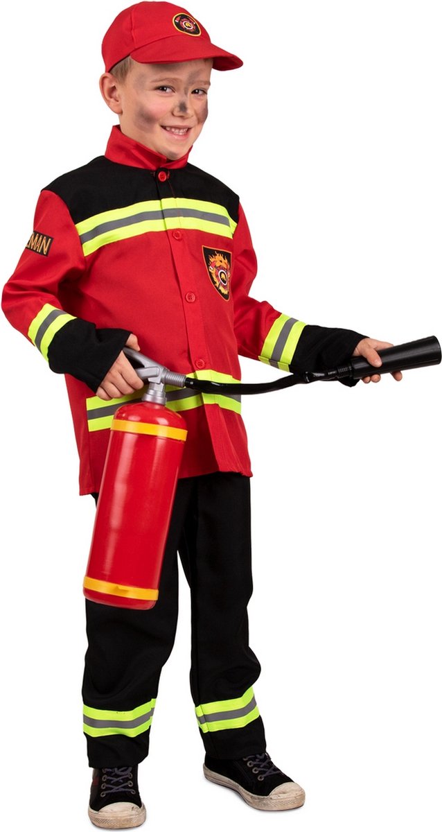 PartyXplosion - Brandweer Kostuum - Heldhaftige Vrijwillige Brandweerman Victor - Jongen - Rood, Zwart - Maat 104 - Carnavalskleding - Verkleedkleding