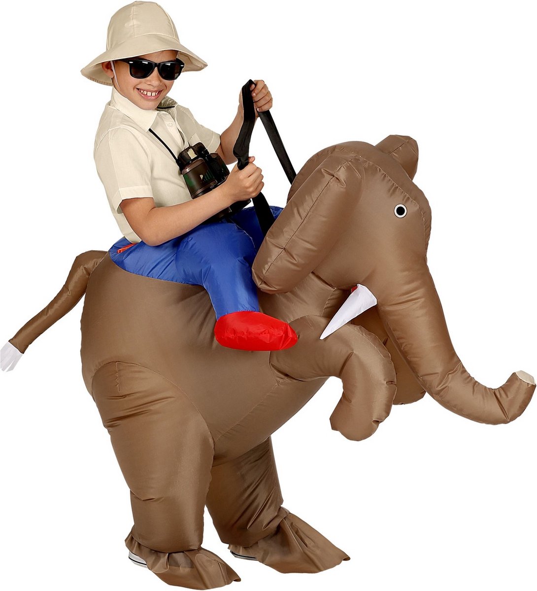 Widmann - Olifant & Nijlpaard Kostuum - Opblaasbaar Ontdekkingsreiziger Op Een Olifant Kind Kostuum - Bruin - One Size - Carnavalskleding - Verkleedkleding