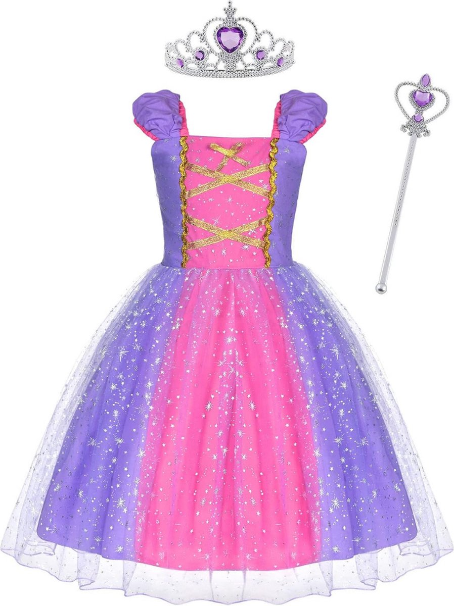 Carnavalskleding - "Koninklijke Betovering: Luxe Rapunzel Prinsessenjurk voor Meisjes - Inclusief Kroon en Toverstaf - Perfect voor Feestjes, Carnaval, Cosplay en Halloween (6 Maanden-5 Jaar)"
