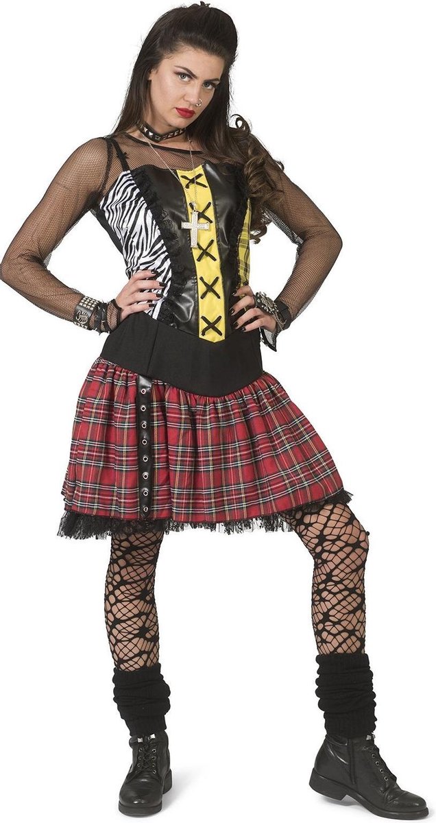 Funny Fashion - Punk & Rock Kostuum - Luidruchtige Punk Nancy - Vrouw - Rood, Zwart - Maat 36-38 - Carnavalskleding - Verkleedkleding