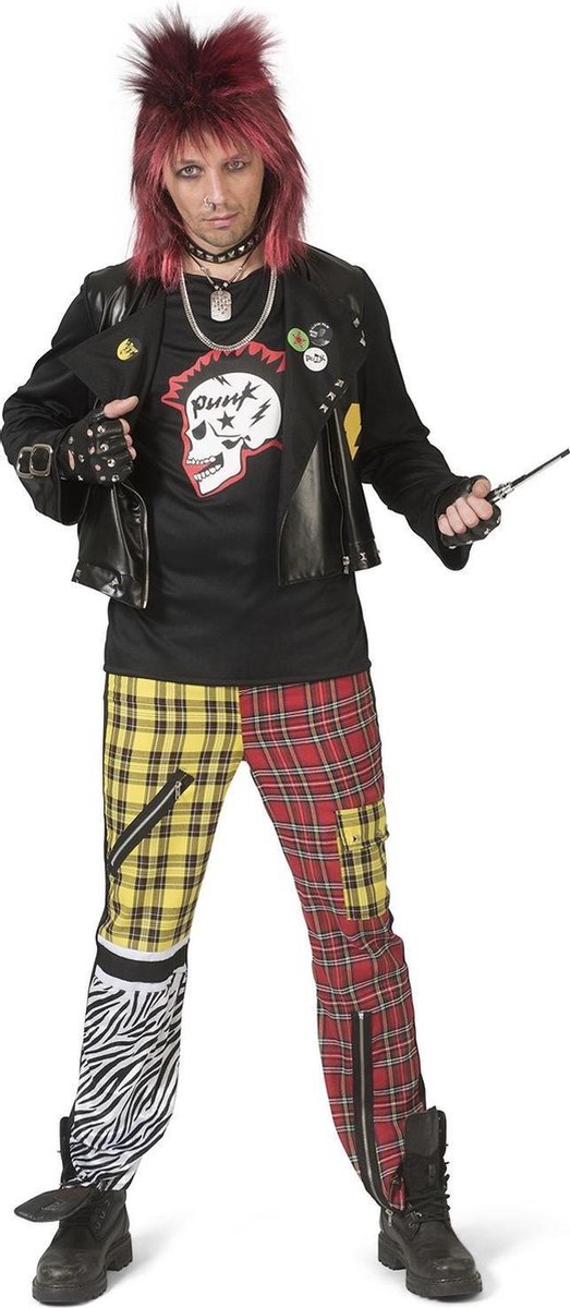 Funny Fashion - Punk & Rock Kostuum - Luidruchtige Punk Sid - Man - Rood, Geel, Zwart - Maat 56-58 - Carnavalskleding - Verkleedkleding